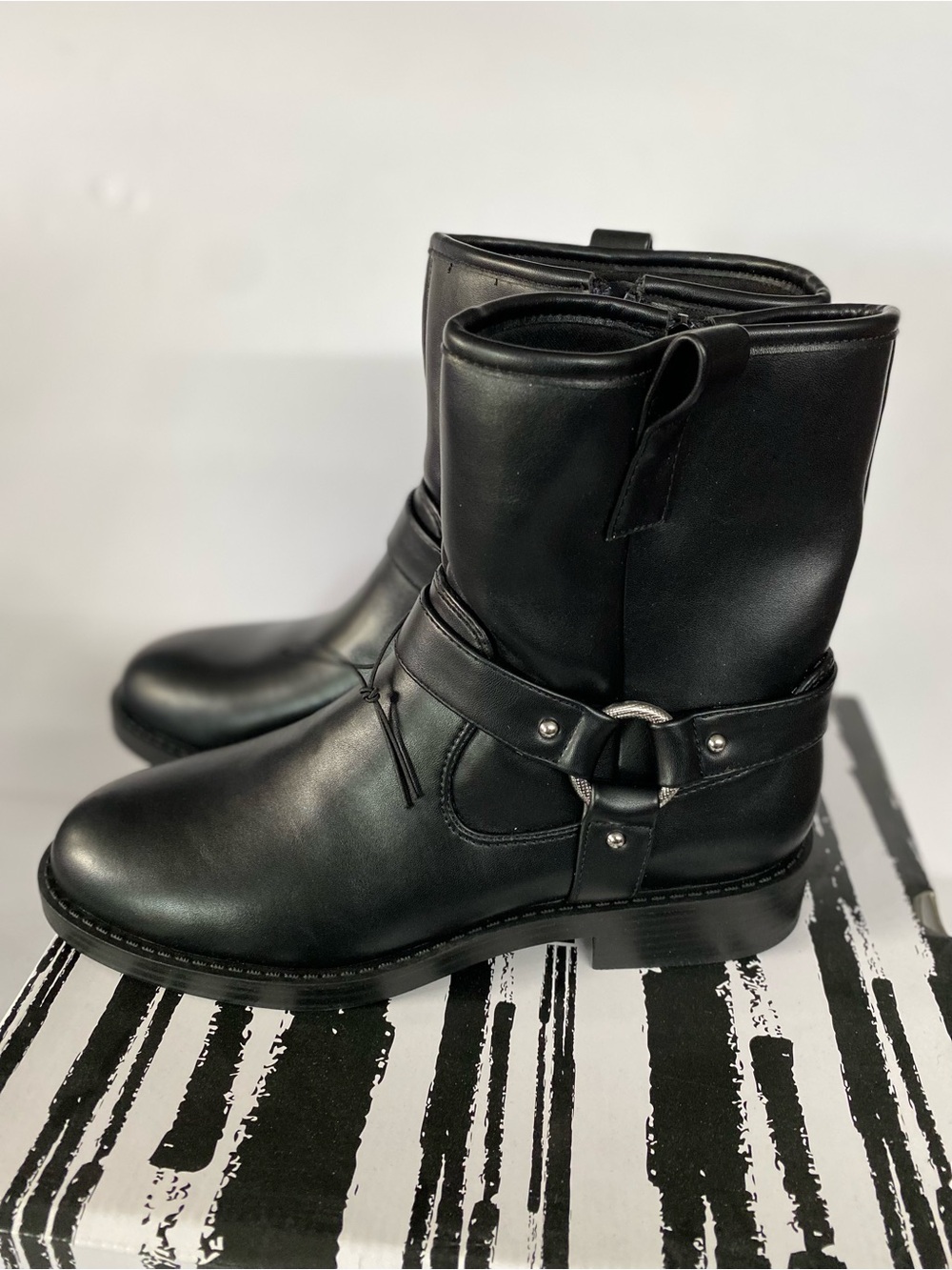Women’s Black Leather Harness Booties - Sleek Pull-On Ankle Boots